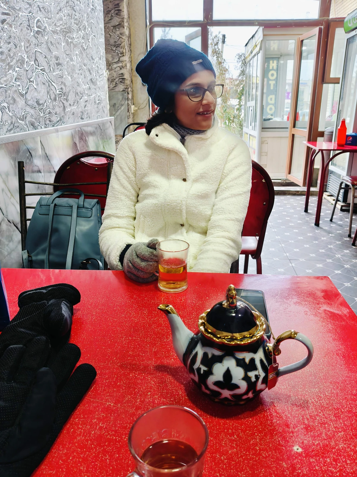 Enjoying local tea in Uzbekistan