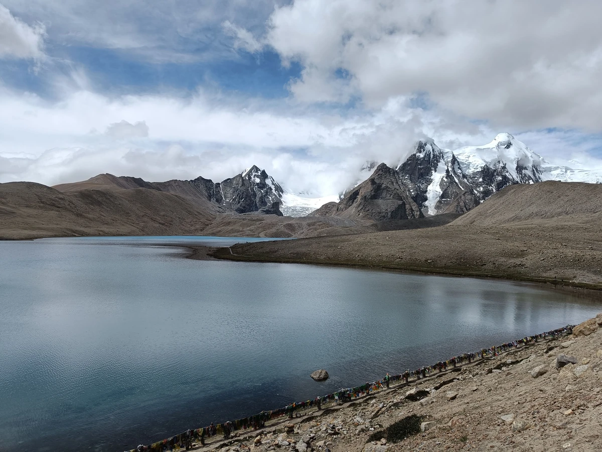 Stunning turquoise blue waters of Gurudongmar Lake surrounded by snow-capped peaks