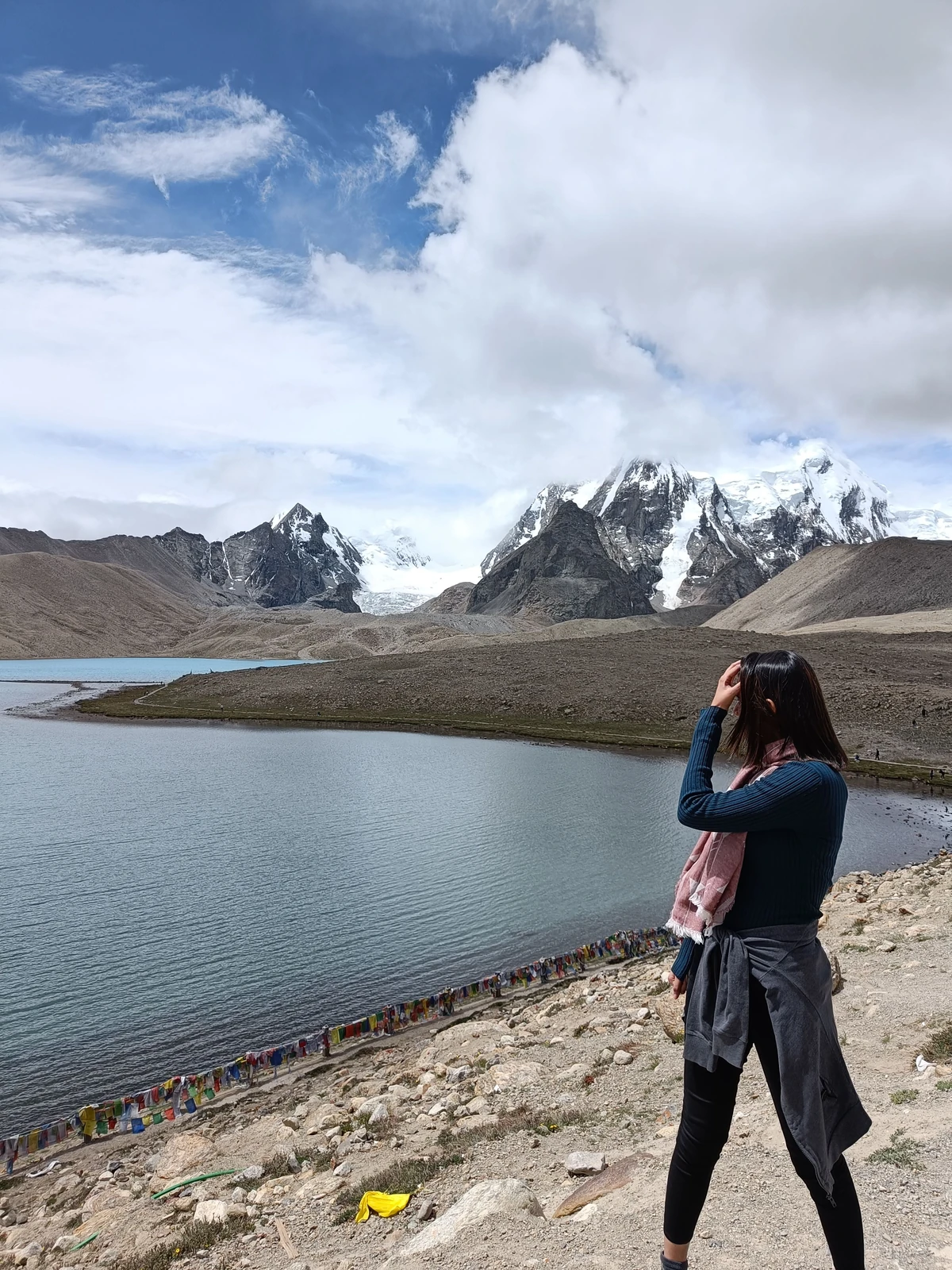 Panoramic viewpoint overlooking Gurudongmar Lake with mountain backdrop