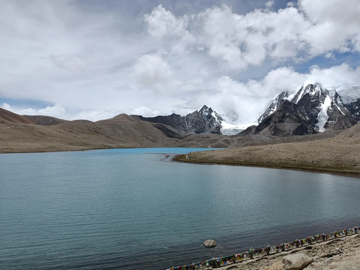 Gurudongmar Lake with mountain reflections in the crystal-clear waters