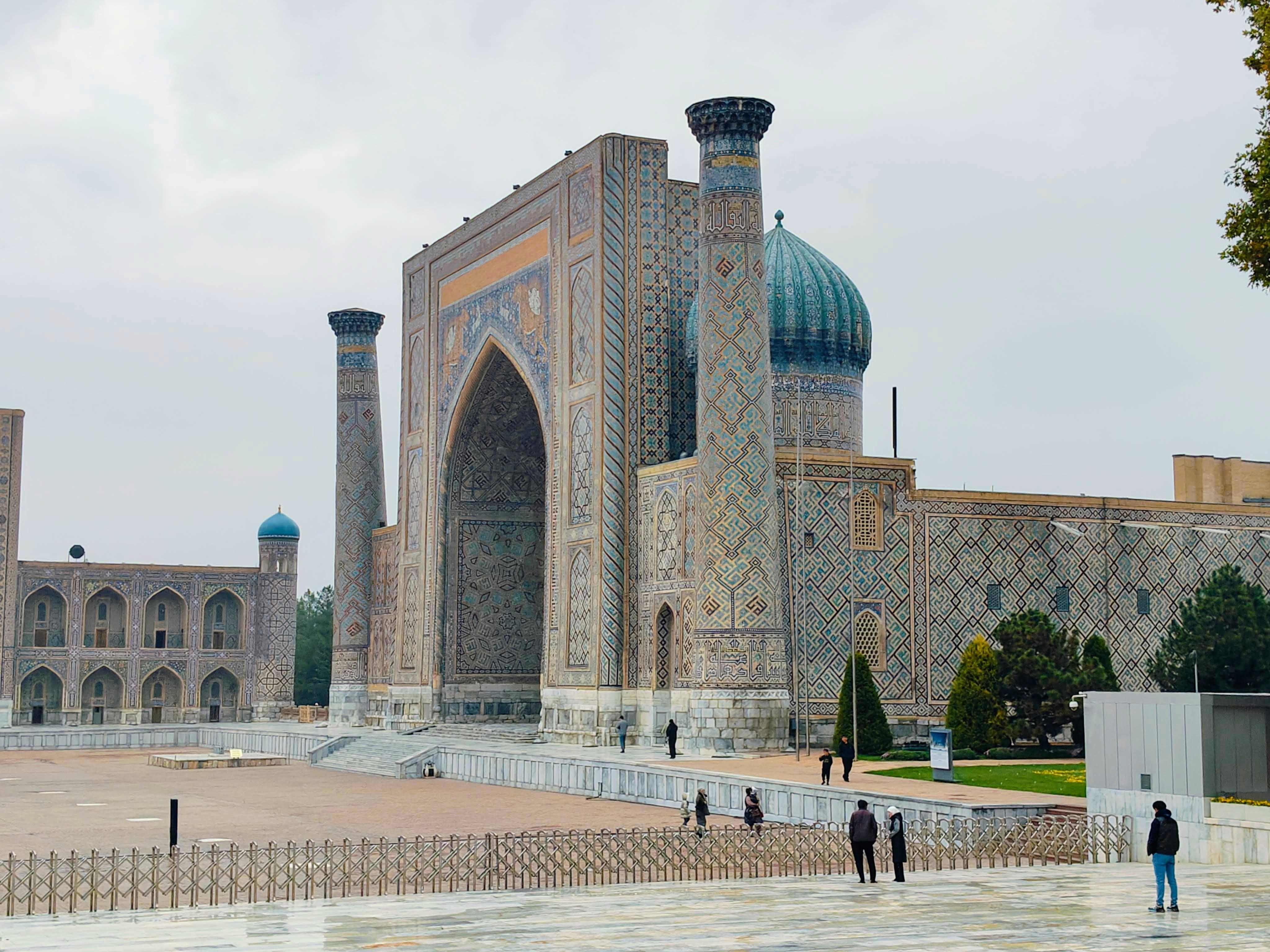 Iconic Registan Square in Samarkand, Uzbekistan with magnificent blue domes and intricate Islamic architecture