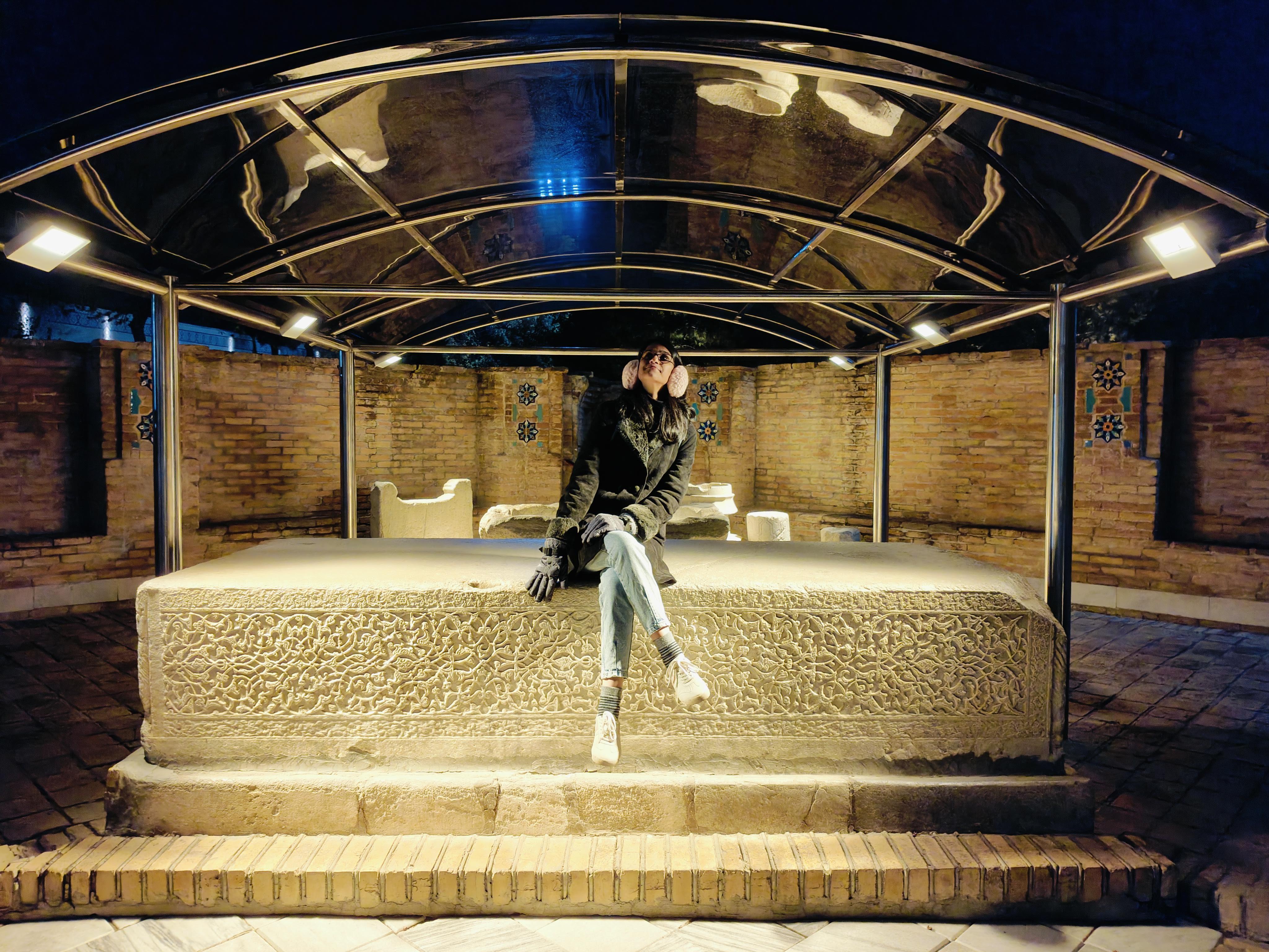 Ancient coronation stone of Uzbek emirs inside Amir Temur Mausoleum in Samarkand - historical artifact from Silk Road era
