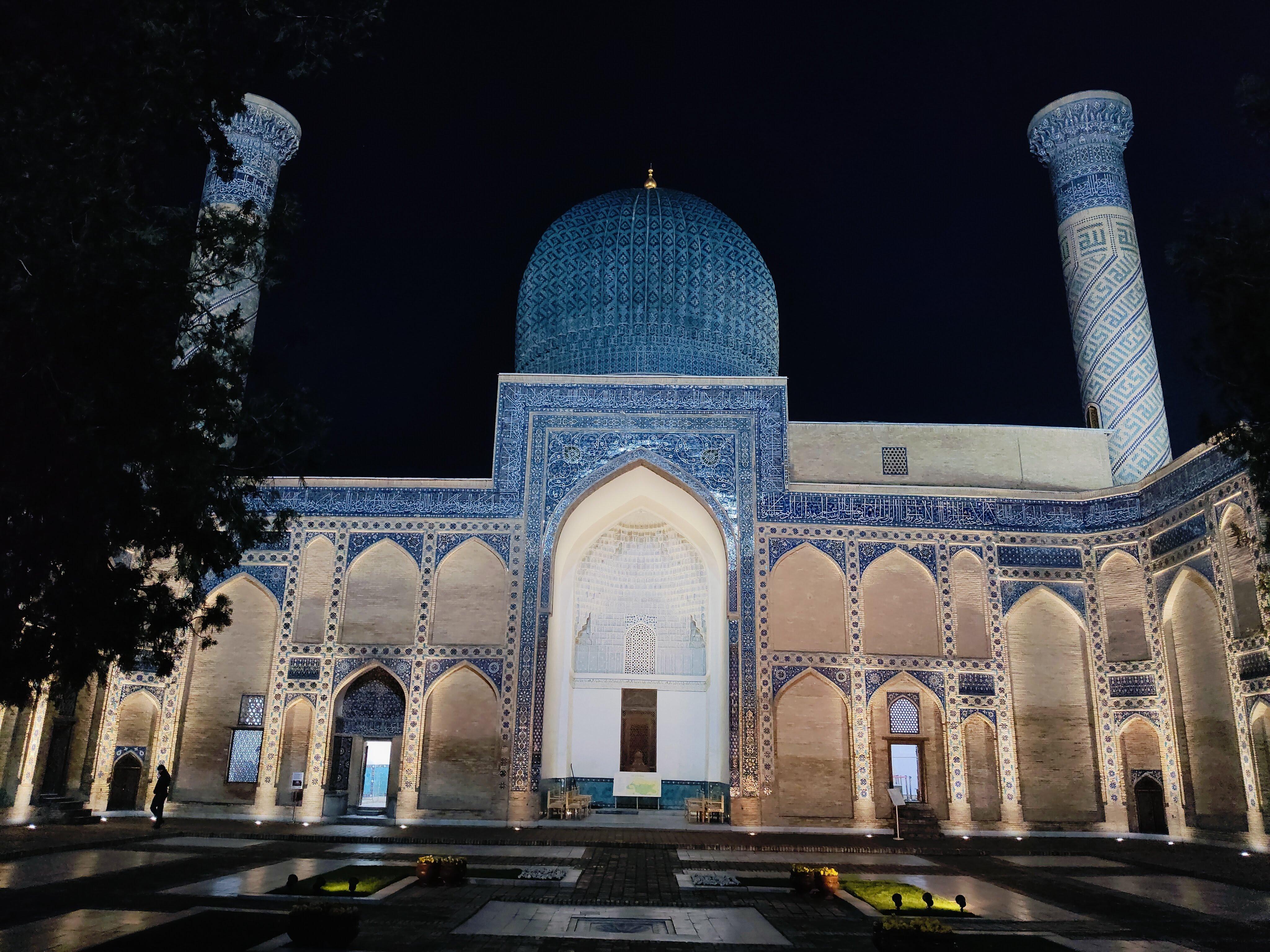 Illuminated Amir Temur Mausoleum at night in Samarkand, Uzbekistan - stunning nighttime view of the iconic blue-domed tomb