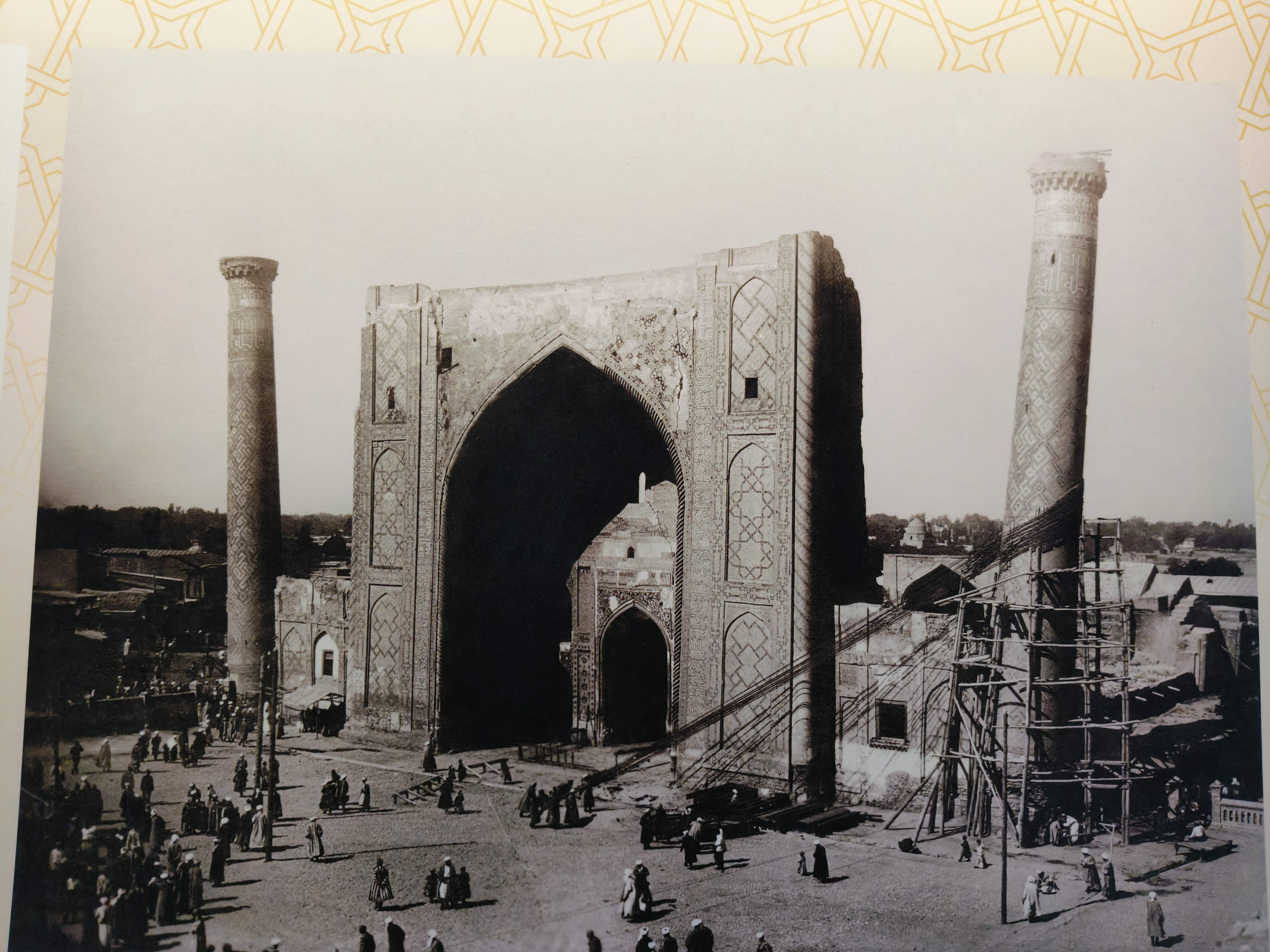 Restored Ulugh Beg Madrasah in Registan Square, Samarkand - 15th century historic Islamic educational institution with blue tiles and intricate façade