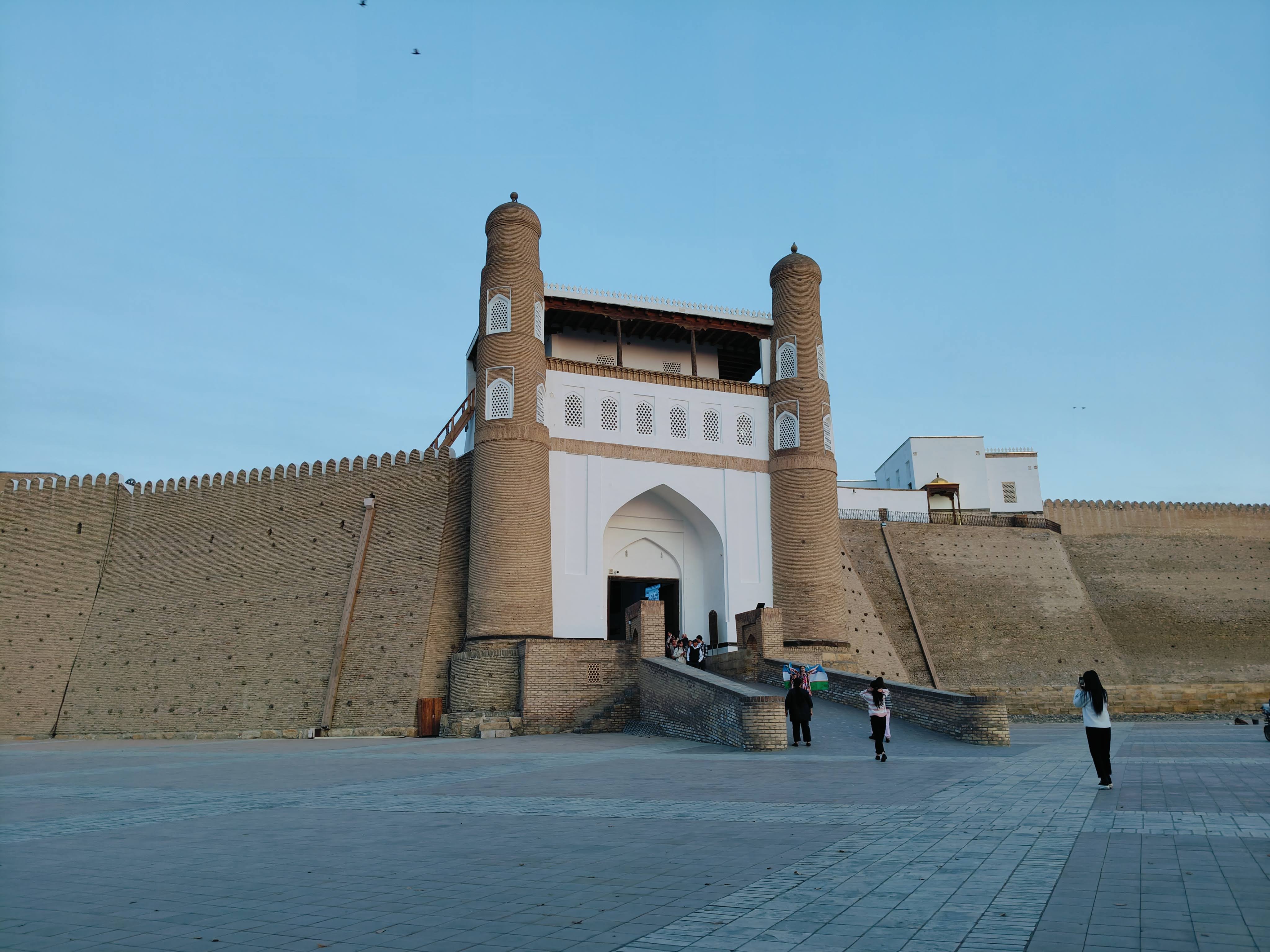 Imposing main entrance gateway to the 5th century Ark fortress in Bukhara, Uzbekistan - ancient citadel and seat of Bukharan rulers for centuries